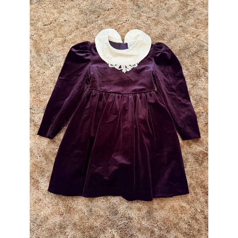 Vintage Rare Editions Girls Purple Velvet Holiday Dress Oversized Lace Collar